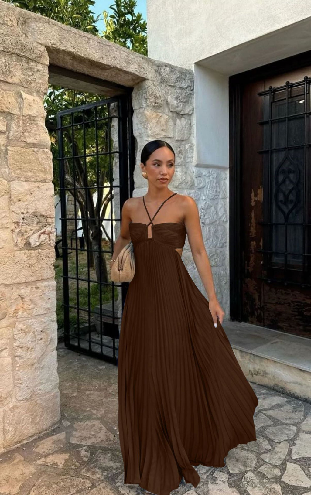 Flowing pleated strapless dress