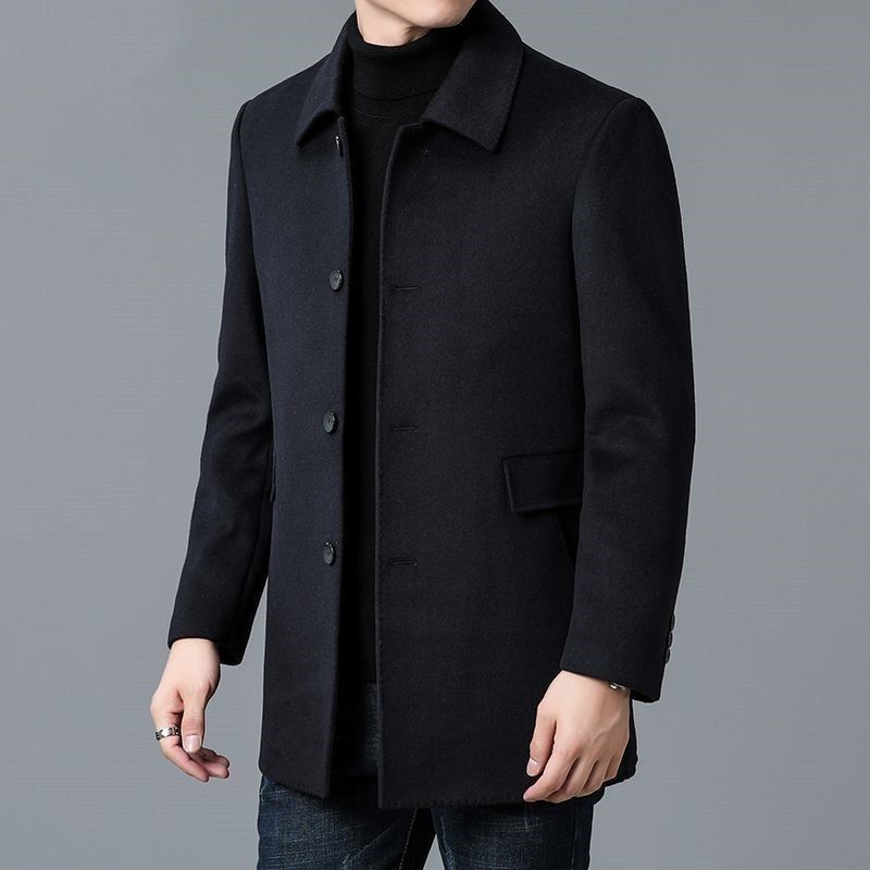 Tailored Men's Mid-Length Overcoat with Notched Collar and Button Closure