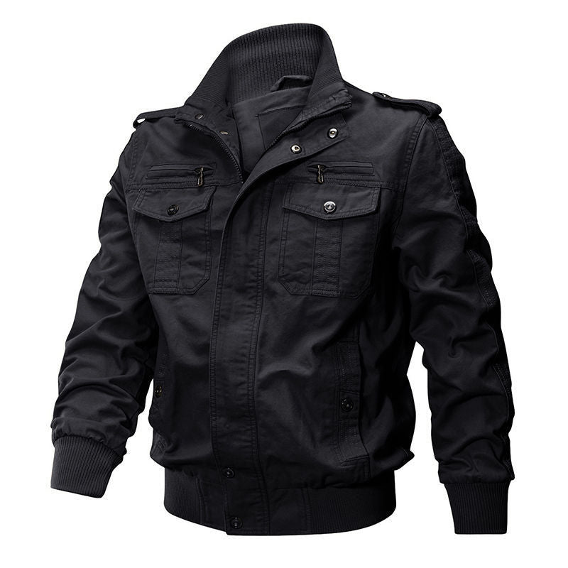 Men's Military-Inspired Canvas Field Jacket with Stand Collar and Zipper Front