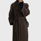 Elegant Women's Longline Wool Wrap Coat with Notched Collar and Tie Belt