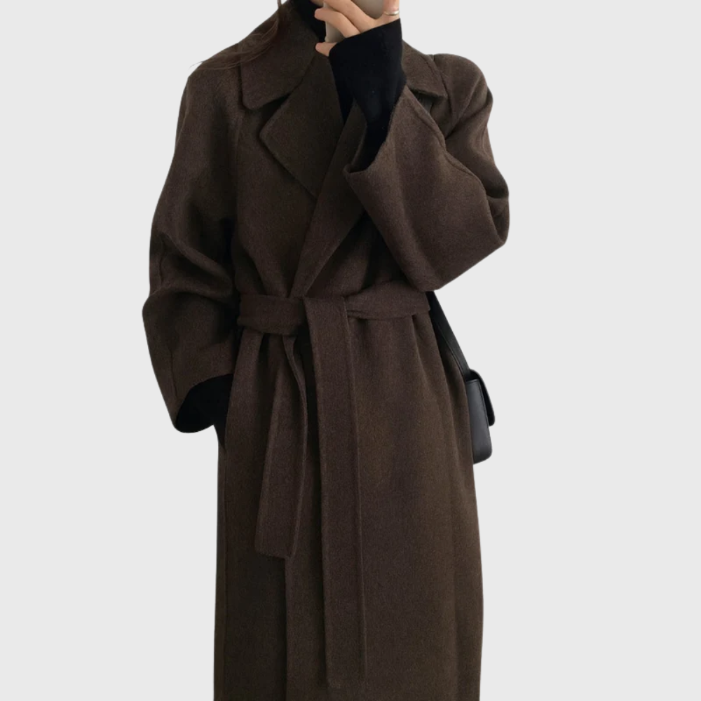 Women's Longline Wool Wrap Coat with Notched Collar and Tie Belt