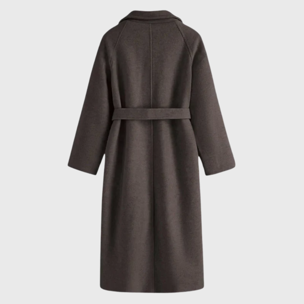 Women's Longline Wool Wrap Coat with Notched Collar and Tie Belt
