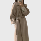 Elegant Women's Longline Wool Wrap Coat with Notched Collar and Tie Belt