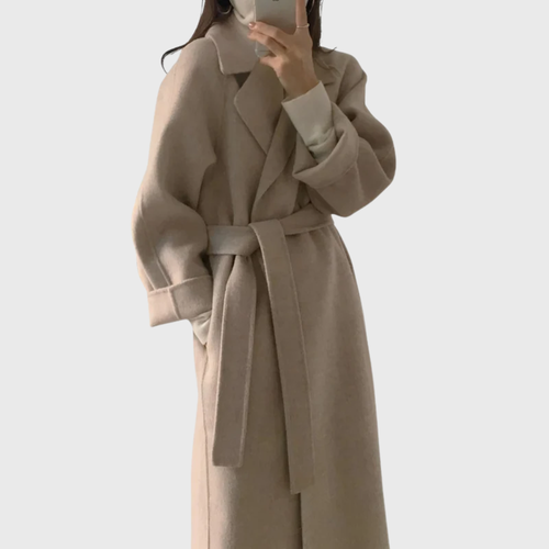 Elegant Women's Longline Wool Wrap Coat with Notched Collar and Tie Belt