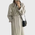 Elegant Women's Longline Wool Wrap Coat with Notched Collar and Tie Belt