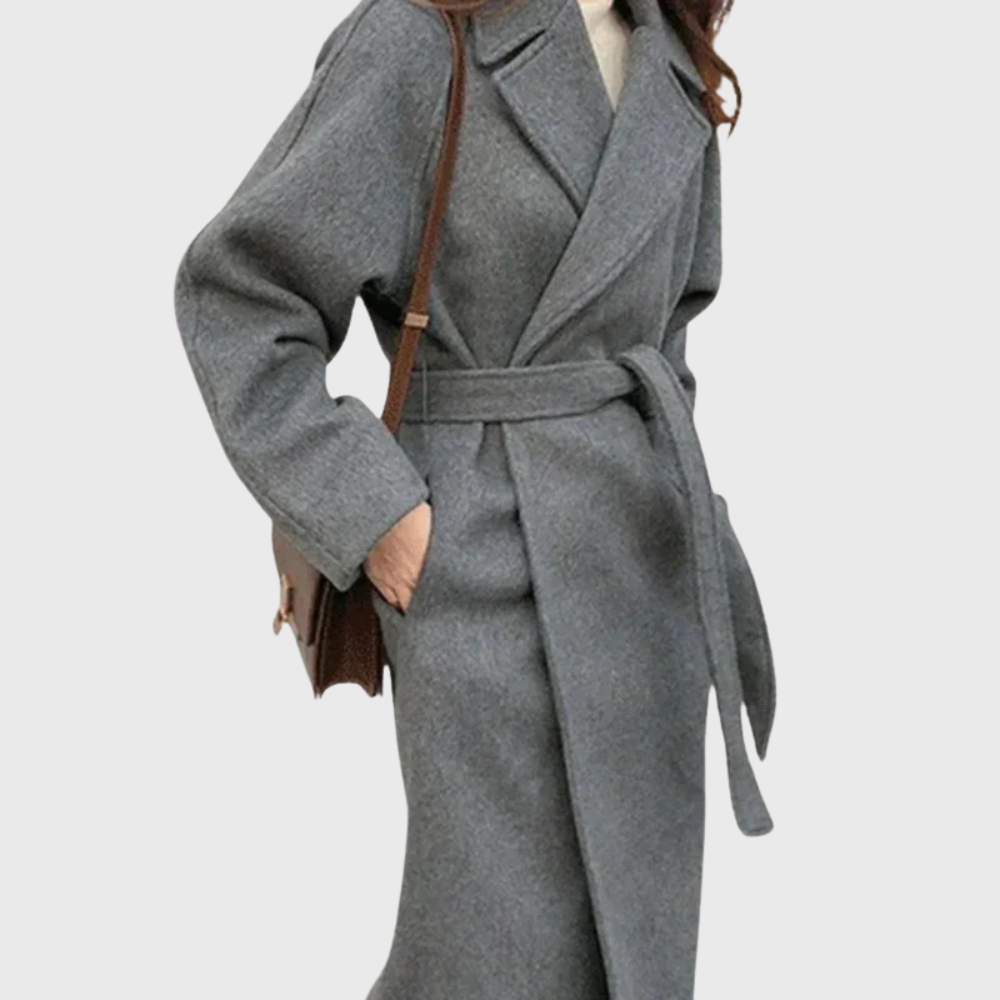 Women's Longline Wool Wrap Coat with Notched Collar and Tie Belt