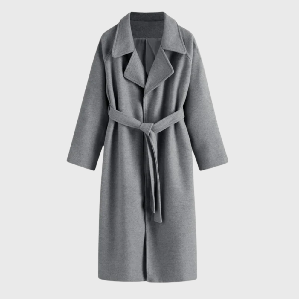 Women's Longline Wool Wrap Coat with Notched Collar and Tie Belt