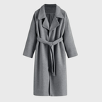 Women's Longline Wool Wrap Coat with Notched Collar and Tie Belt