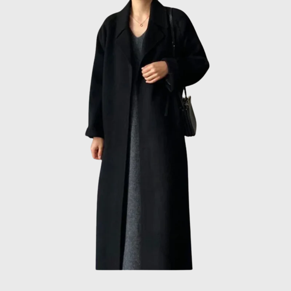 Elegant Women's Longline Wool Wrap Coat with Notched Collar and Tie Belt