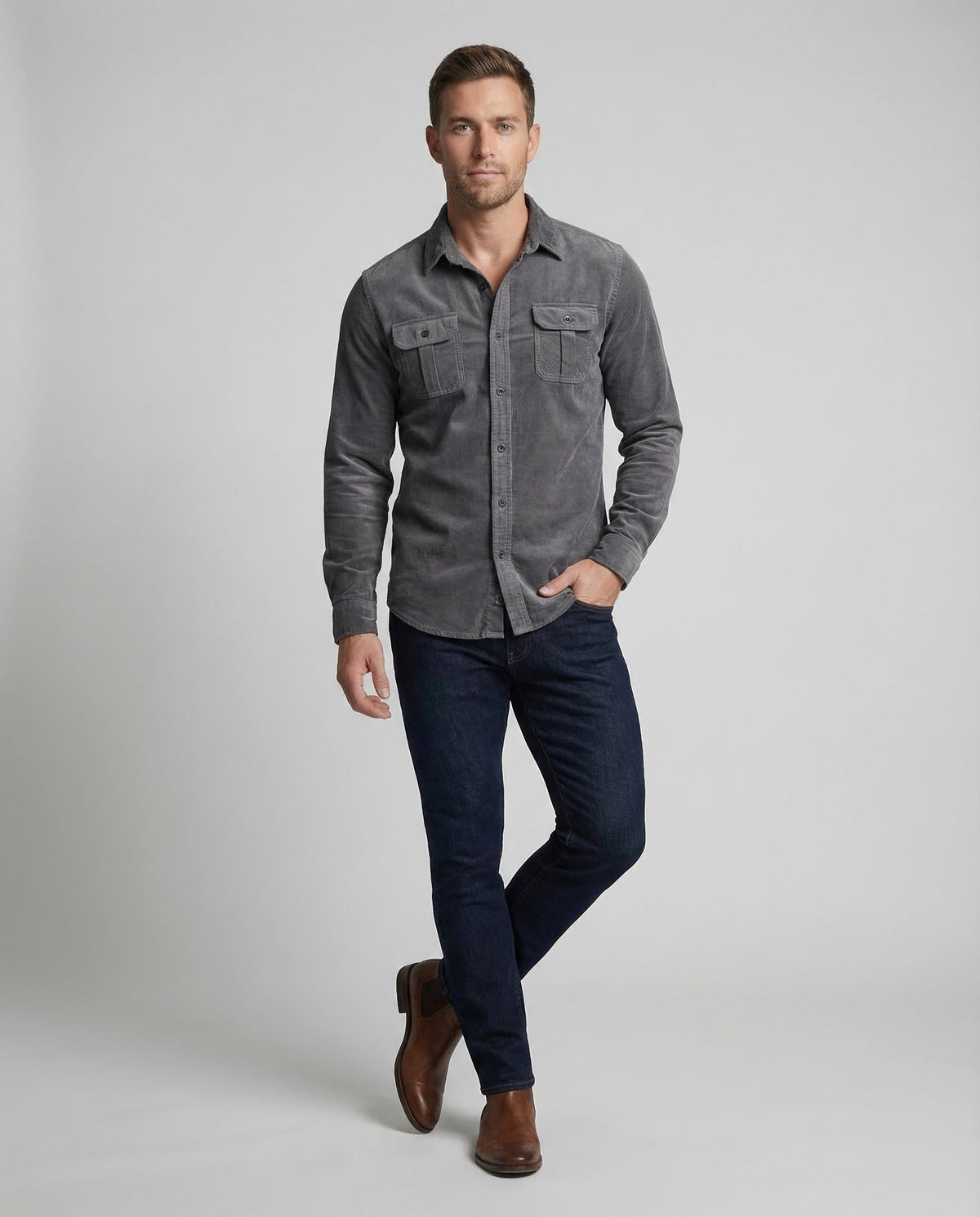 Men's Slim Fit Vintage Corduroy Shirt with Button-Down Chest Pockets