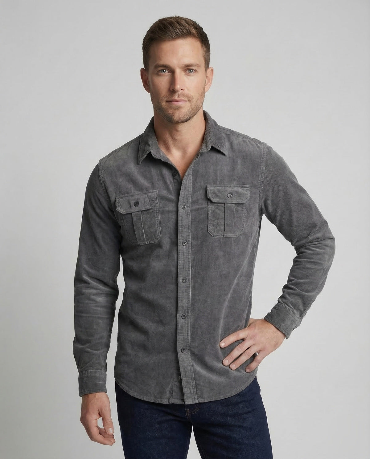 Men's Slim Fit Vintage Corduroy Shirt with Button-Down Chest Pockets