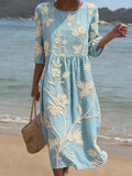 Women's Floral Elegance Midi Dress with Round Neck