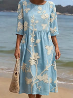Women's Floral Elegance Midi Dress with Round Neck