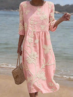 Women's Floral Elegance Midi Dress with Round Neck