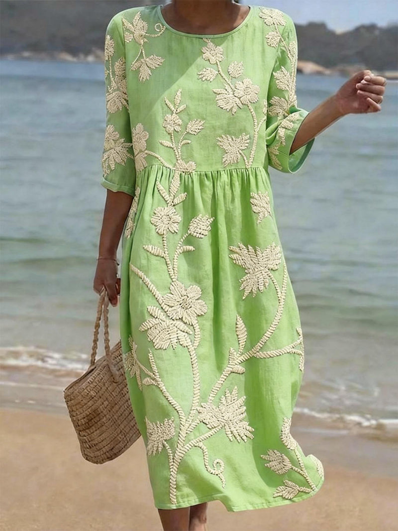 Women's Floral Elegance Midi Dress with Round Neck