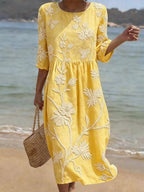 Women's Floral Elegance Midi Dress with Round Neck