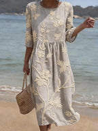 Women's Floral Elegance Midi Dress with Round Neck