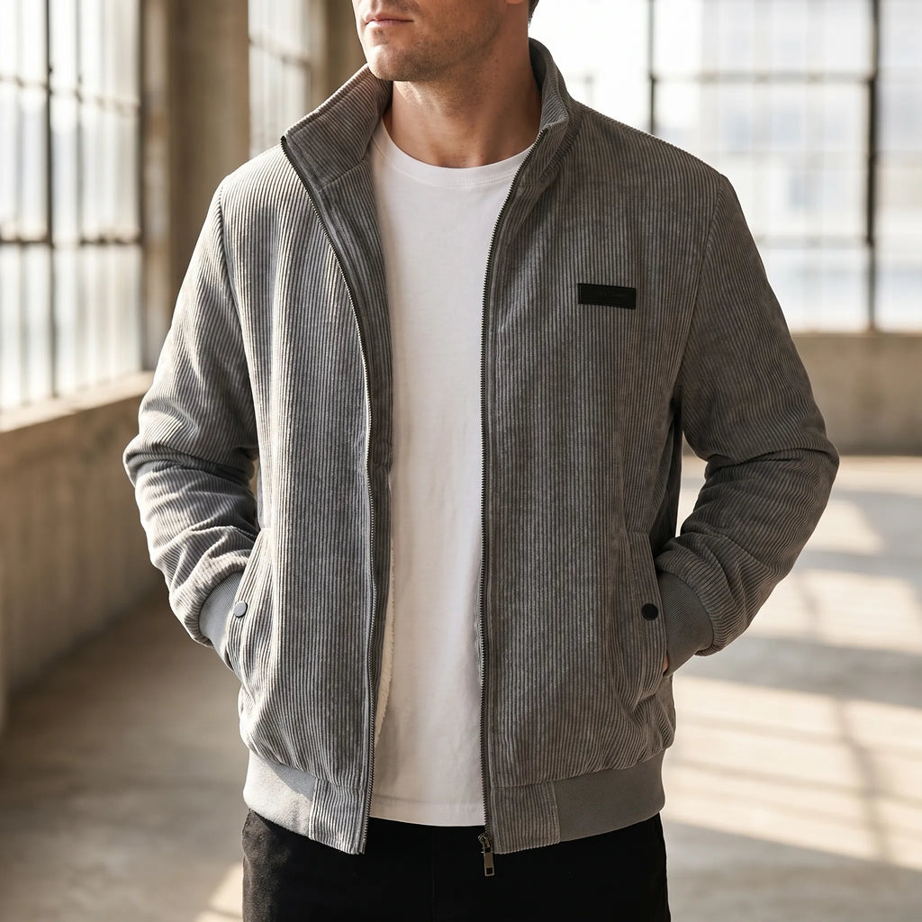 Men's Fleece Lined Ribbed Zip Jacket with Stand Collar for Autumn and Winter