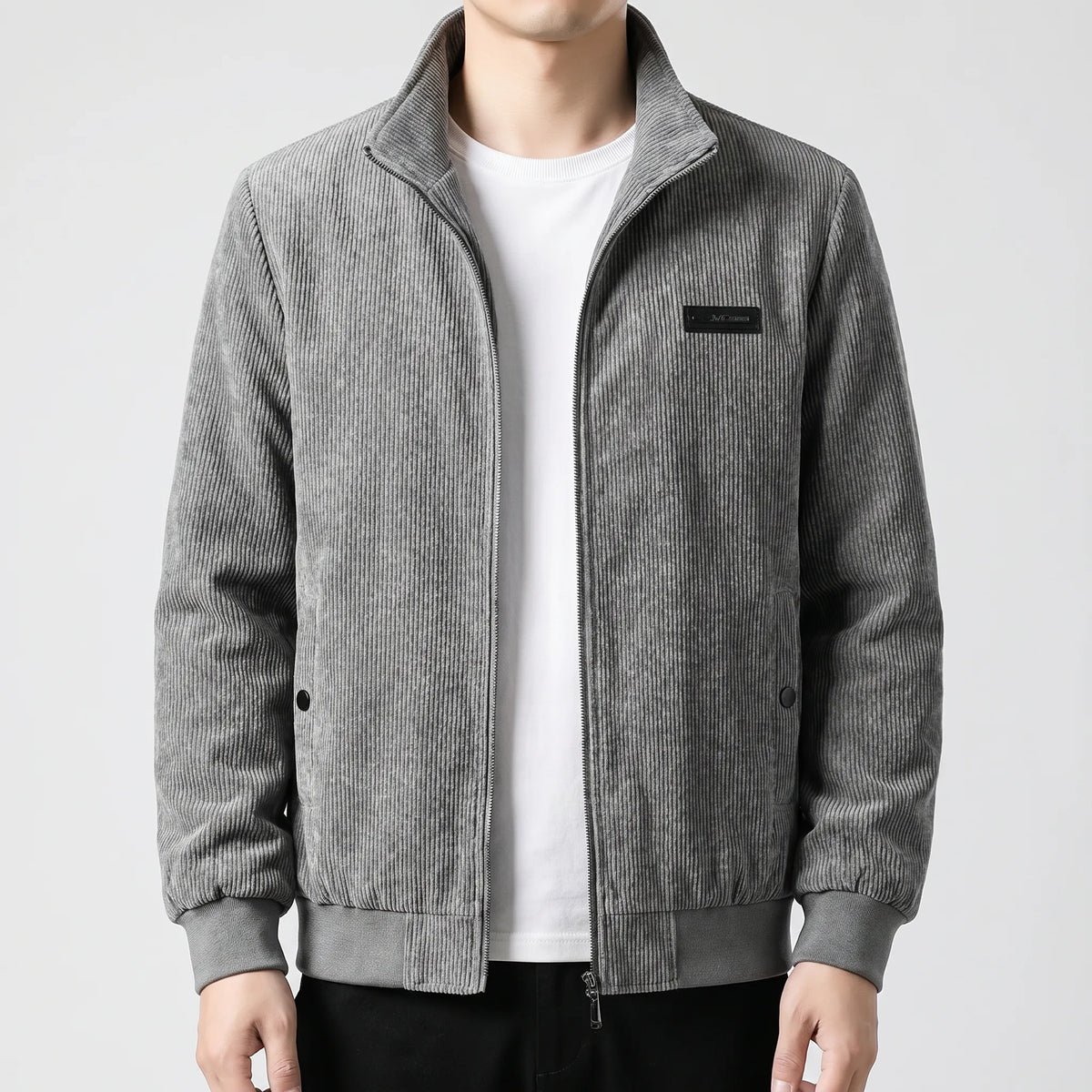 Men's Fleece Lined Ribbed Zip Jacket with Stand Collar for Autumn and Winter
