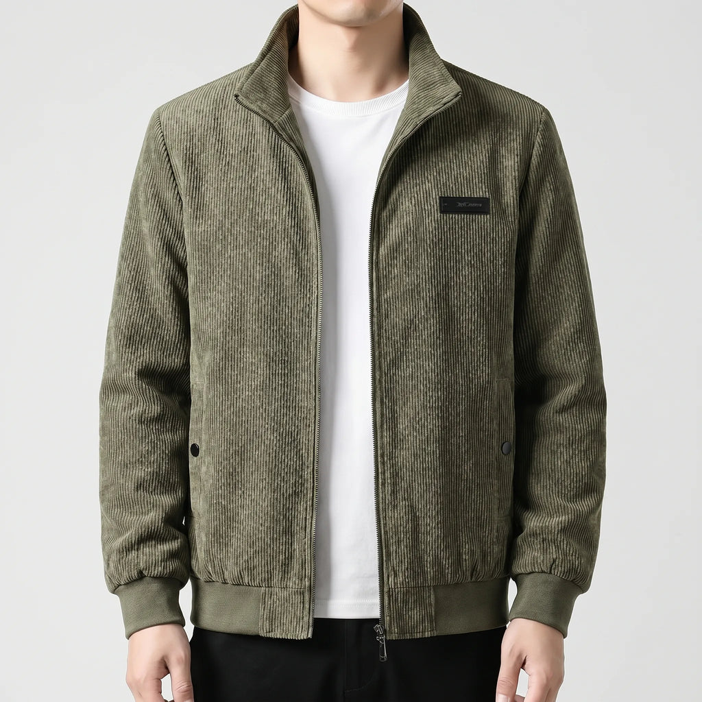 Men's Fleece Lined Ribbed Zip Jacket with Stand Collar for Autumn and Winter