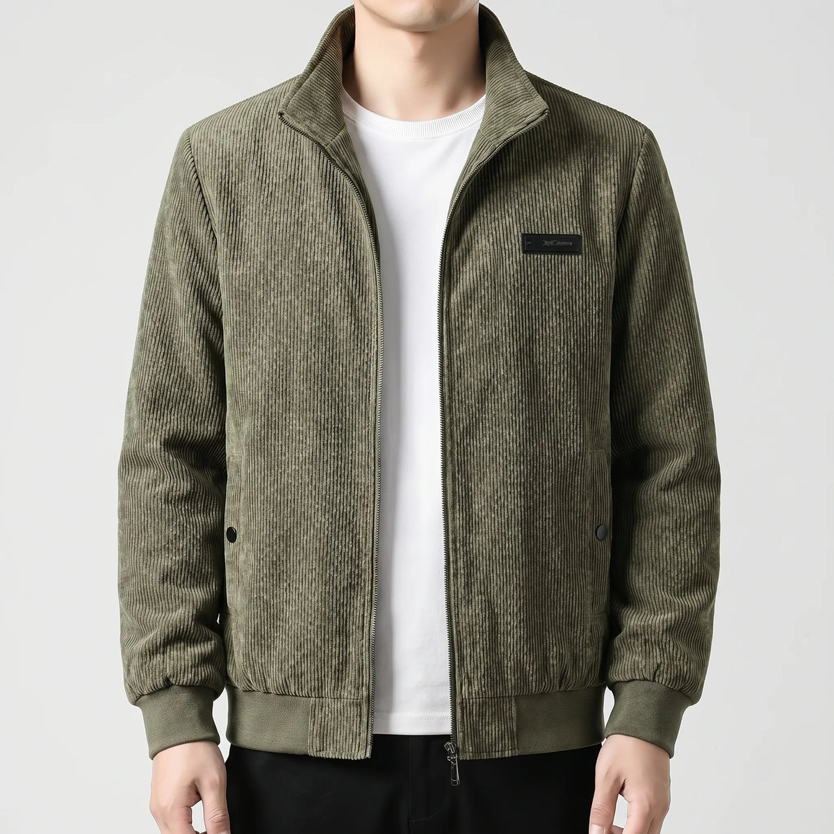 Men's Fleece Lined Ribbed Zip Jacket with Stand Collar for Autumn and Winter