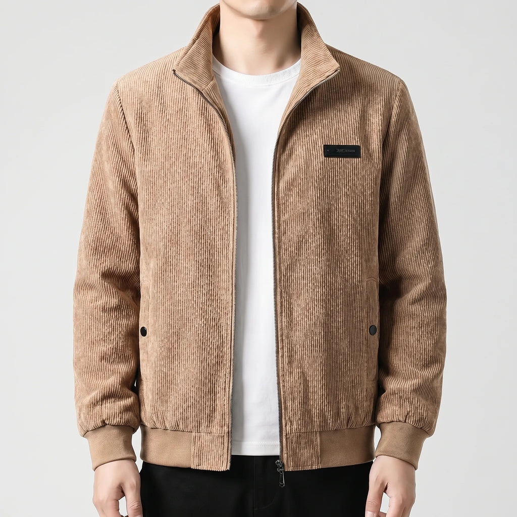 Men's Fleece Lined Ribbed Zip Jacket with Stand Collar for Autumn and Winter