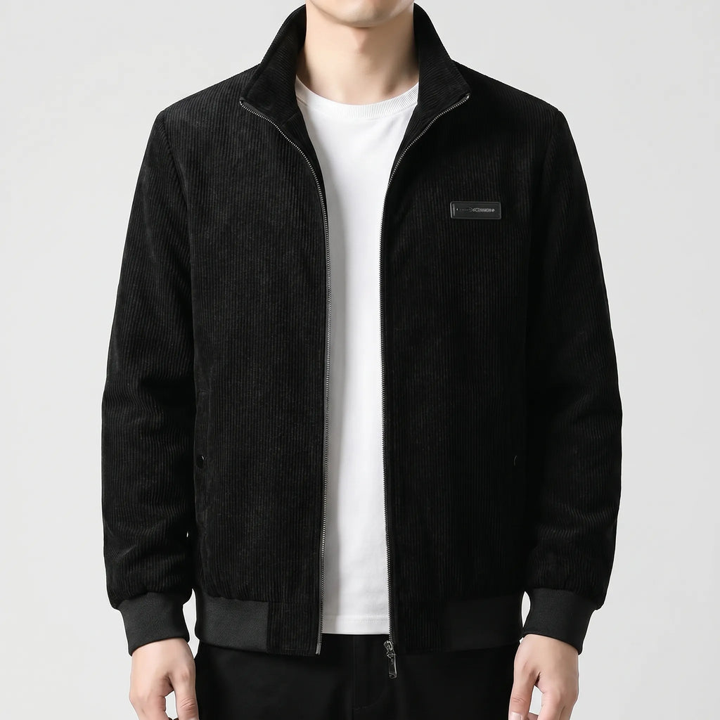Men's Fleece Lined Ribbed Zip Jacket with Stand Collar for Autumn and Winter