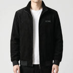 Men's Fleece Lined Ribbed Zip Jacket with Stand Collar for Autumn and Winter