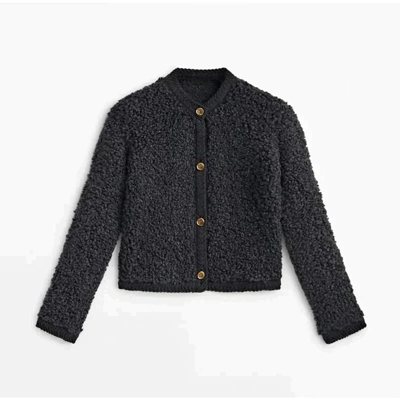 Textured Button-Front Cardigan Jacket for Women with Crew Neck