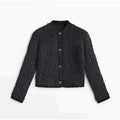 Textured Women's Cardigan Jacket with Button Closure and Crew Neck