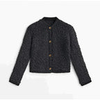 Textured Women's Cardigan Jacket with Button Closure and Crew Neck