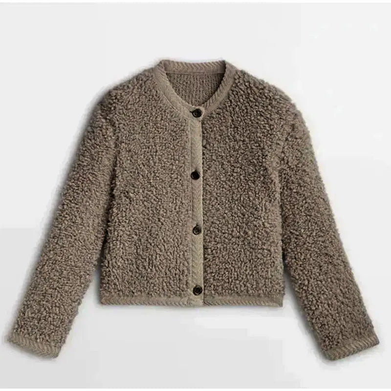 Textured Women's Cardigan Jacket with Button Closure and Crew Neck