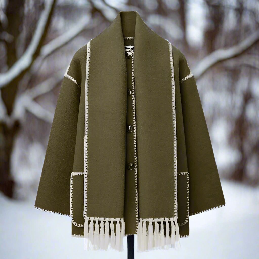 Shawl Collar Women's Coat with Button Front Contrast Stitching and Fringe Hem