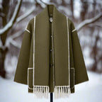Women's Shawl Collar Coat with Front Button Closure Fringe Trim and Contrast Stitching