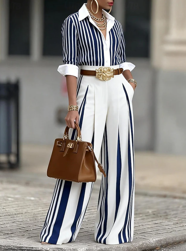 Women's Elegant Striped Wide-Leg Co-Ord Set for Effortless Sophistication