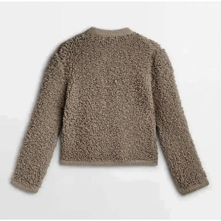 Textured Button-Front Cardigan Jacket for Women with Crew Neck