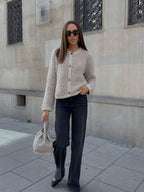 Textured Button-Front Cardigan Jacket for Women with Crew Neck