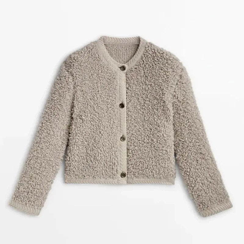 Textured Button-Front Cardigan Jacket for Women with Crew Neck
