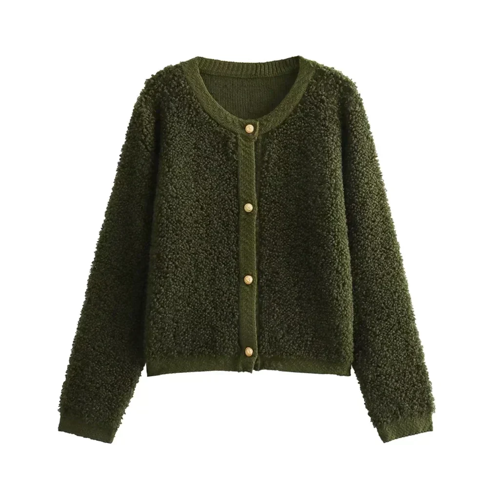 Textured Button-Front Cardigan Jacket for Women with Crew Neck
