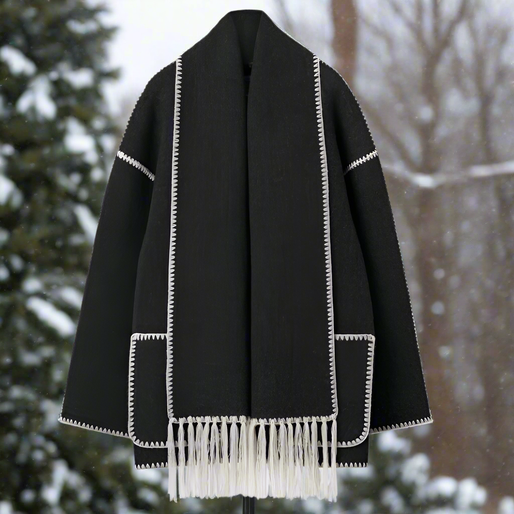 Shawl Collar Women's Coat with Button Front Contrast Stitching and Fringe Hem