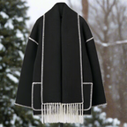 Shawl Collar Women's Coat with Button Front Contrast Stitching and Fringe Hem