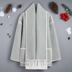 Shawl Collar Women's Coat with Button Front Contrast Stitching and Fringe Hem