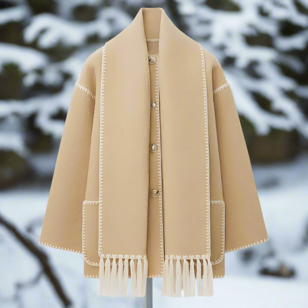 Women's Shawl Collar Coat with Front Button Closure Fringe Trim and Contrast Stitching