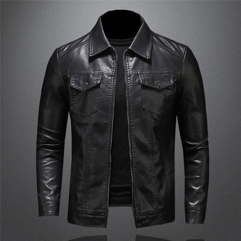 Men's Classic Biker Jacket with Stand Collar and Zip Closure for Versatile Style