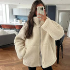 Oversized Women's Teddy Fleece Jacket with Full-Zip and Stand Collar