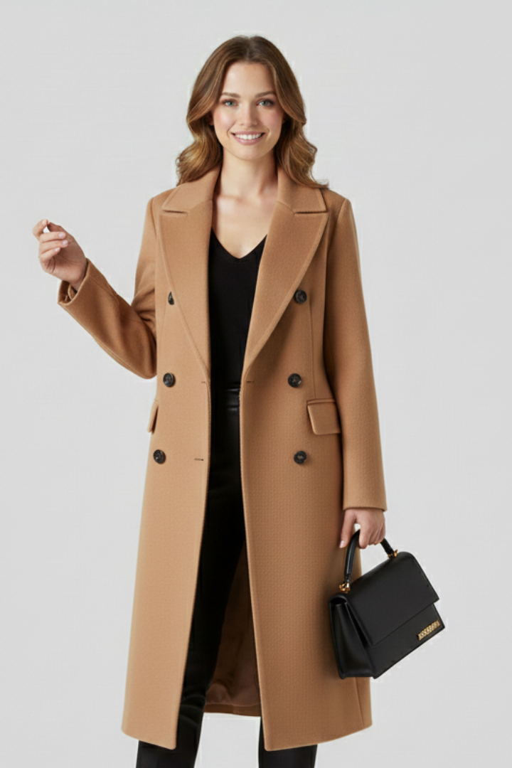 Lapel Collar Women's Long Coat with Double Button Closure and Side Pockets