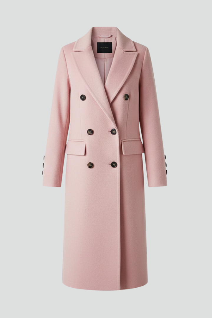 Lapel Collar Women's Long Coat with Double Button Closure and Side Pockets