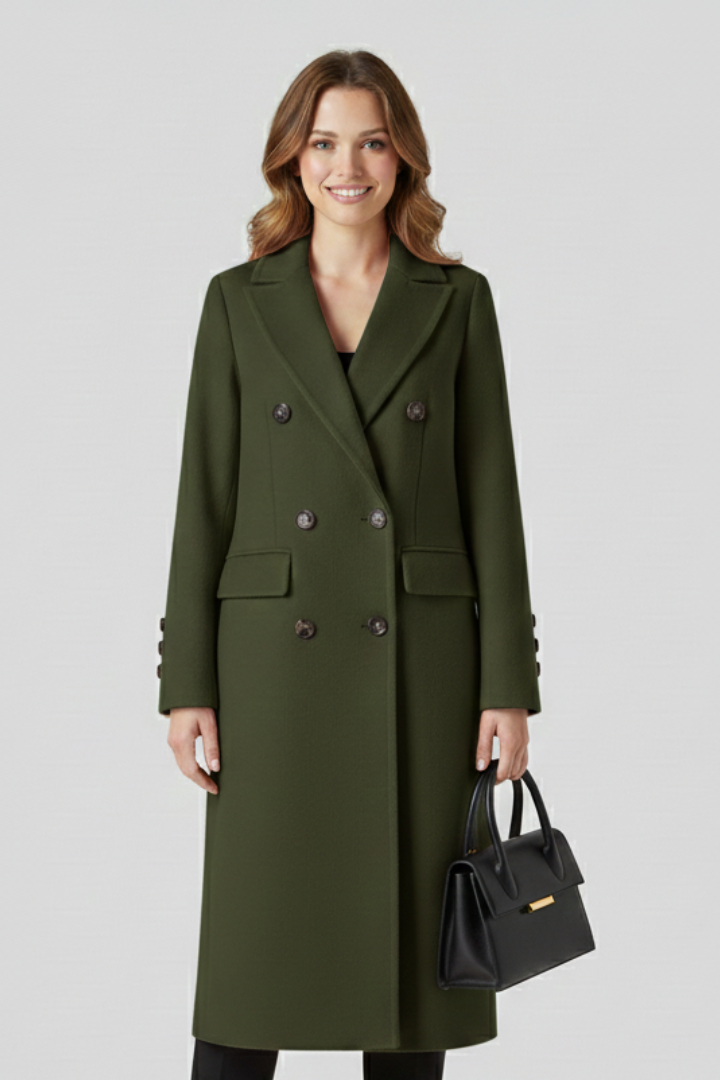 Lapel Collar Women's Long Coat with Double Button Closure and Side Pockets
