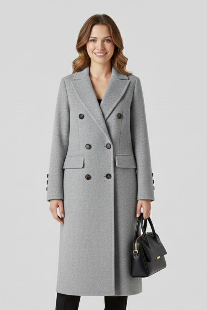 Lapel Collar Women's Long Coat with Double Button Closure and Side Pockets