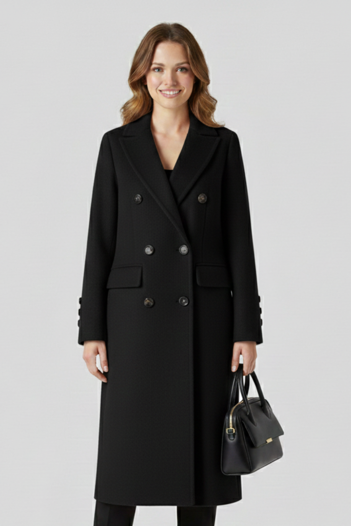 Lapel Collar Women's Long Coat with Double Button Closure and Side Pockets